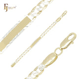 Pulseras de identificación para hombre en oro blanco de 14 quilates, en dos tonos, con marco martillado y eslabones de cadena.