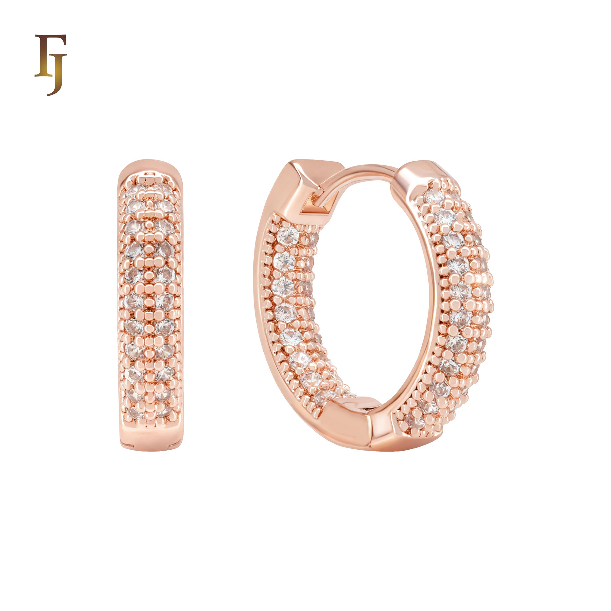 Double Row paved white CZs Rose Gold Huggie Earrings