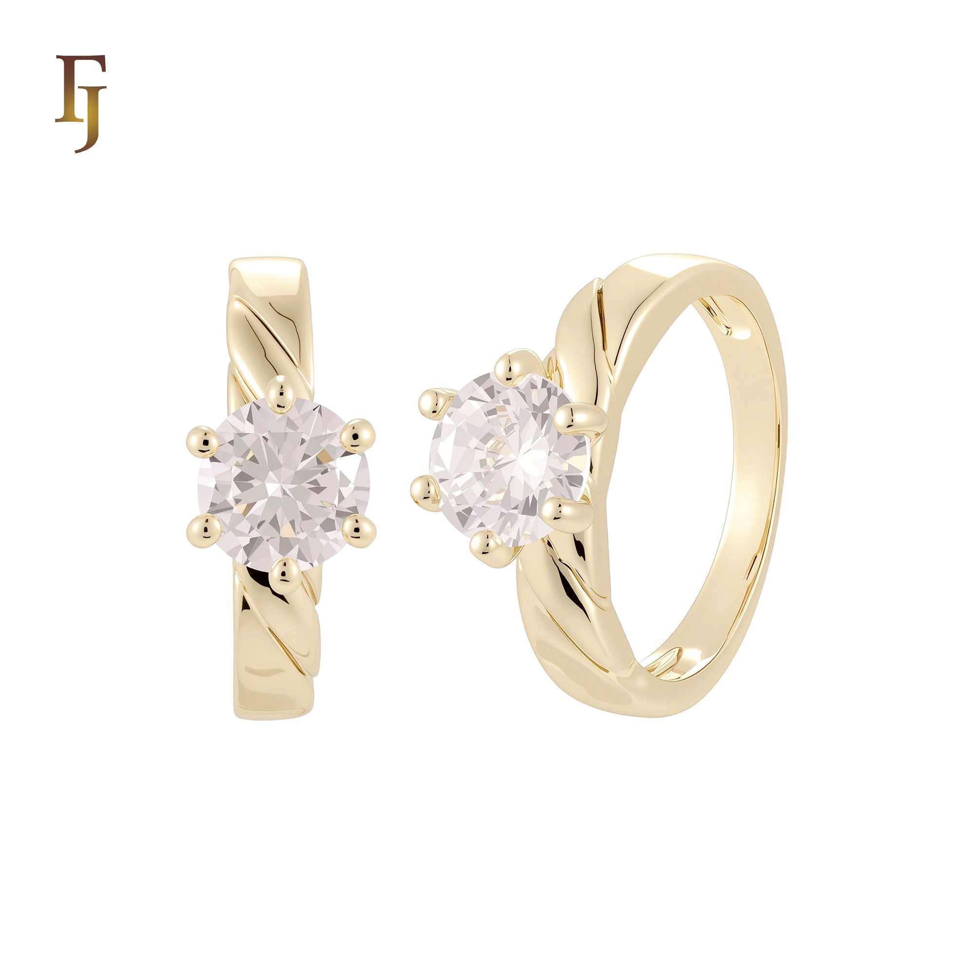 Solitaire white CZs Smooth Ribbon bands white CZs 14K Gold, Rose Gold Wedding Set Rings