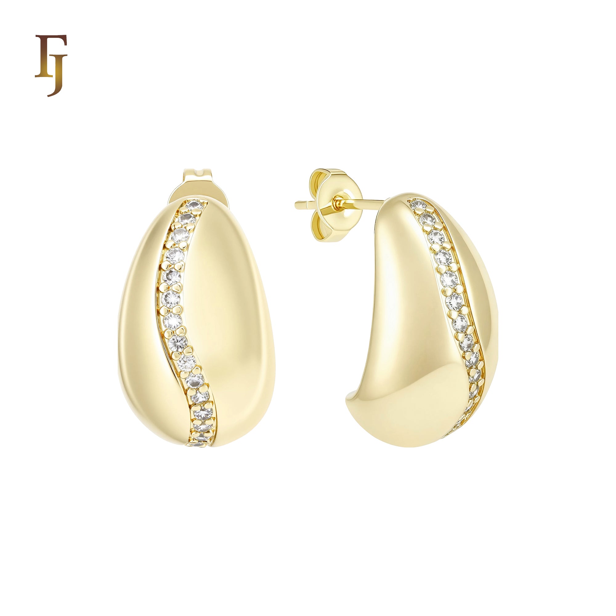 Curved white CZs paved peanut 14K Gold Stud Earrings