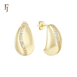 Curved white CZs paved peanut 14K Gold Stud Earrings