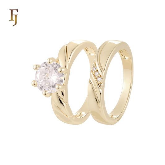 Solitaire white CZs Smooth Ribbon bands white CZs 14K Gold, Rose Gold Wedding Set Rings
