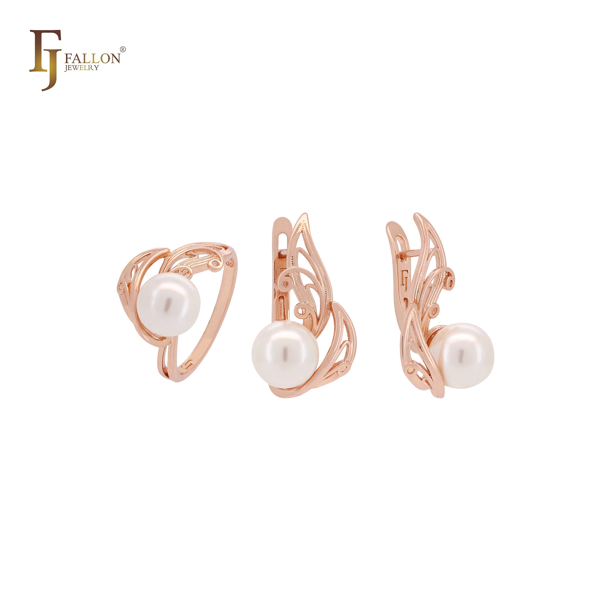 Conjunto de joias com anéis e folhas voadoras de filigrana de pérola em ouro rosa