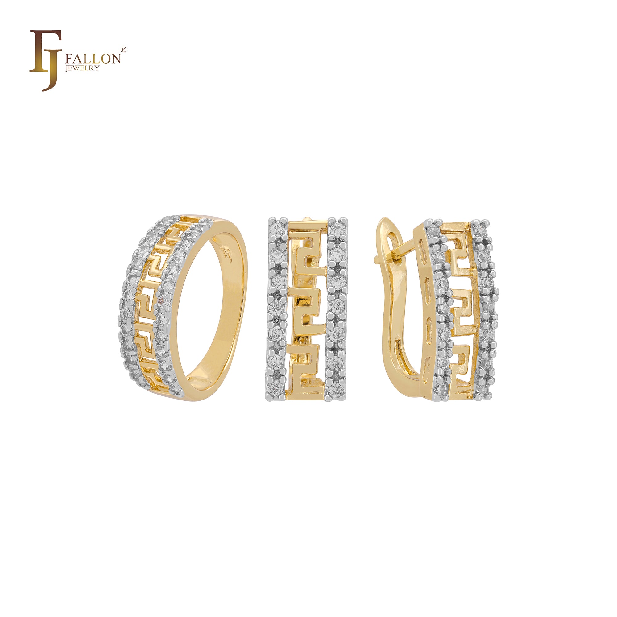 Conjunto de chaves gregas com anéis em ouro 18K, ouro rosa, ouro 14K, duas cores de revestimento