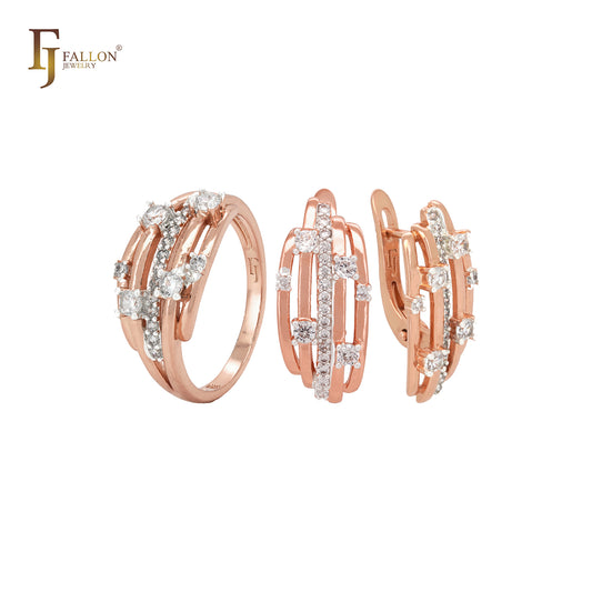 Conjunto de joyas geométricas de oro rosa con anillos y circonitas blancas paralelas