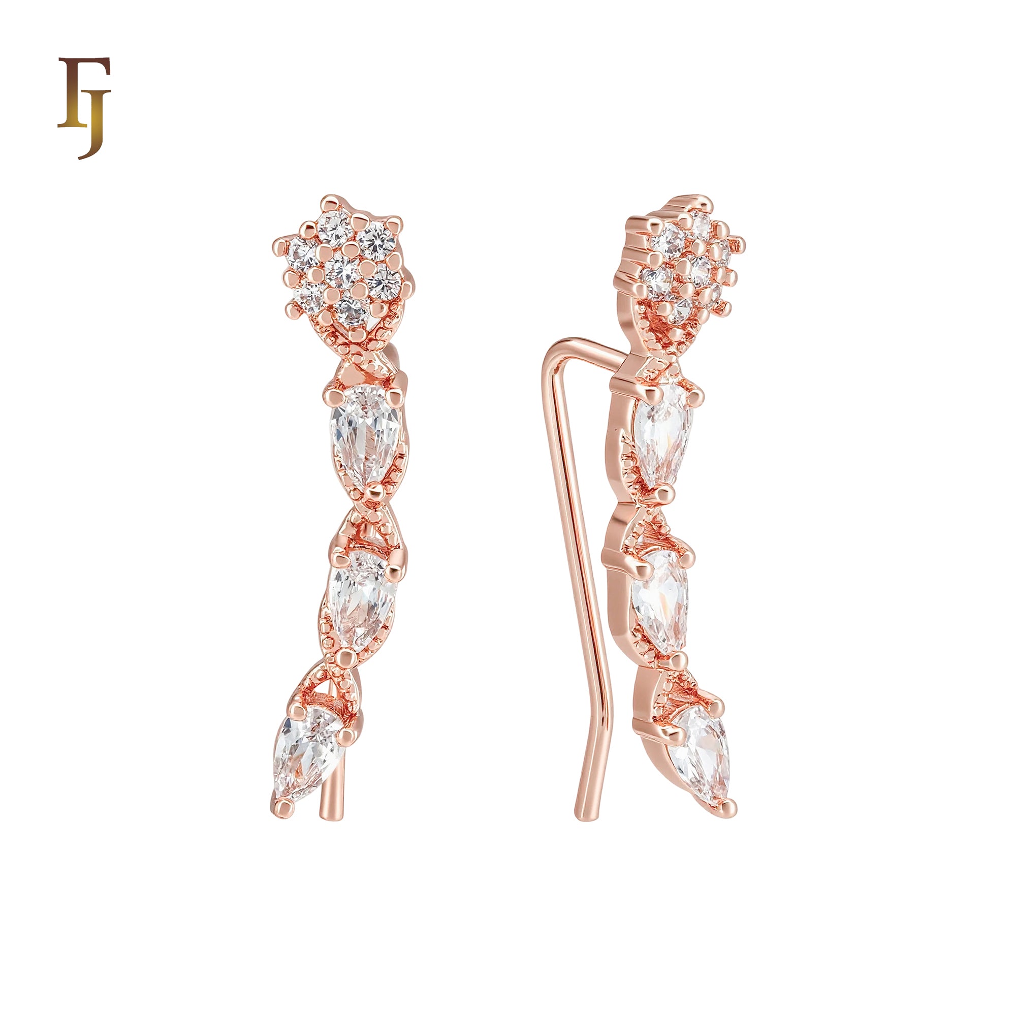 Triple pear shaped white CZs Rose Gold Crawler Ear Climber  Earrings