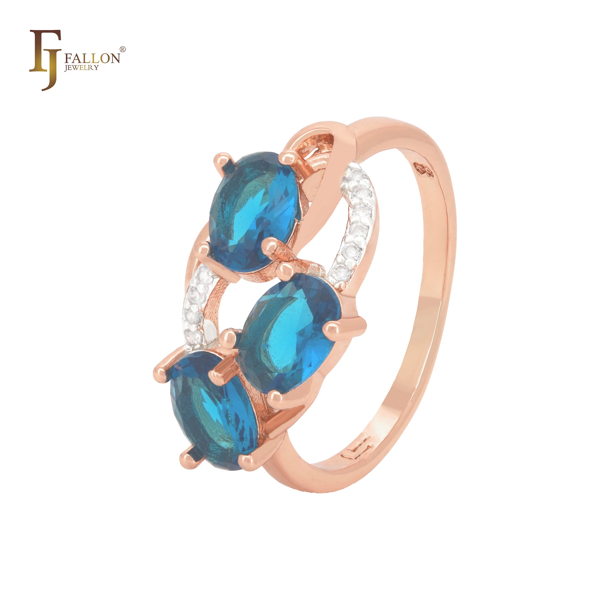 Anillos de moda en oro rosa de dos tonos con triple circonita azul océano