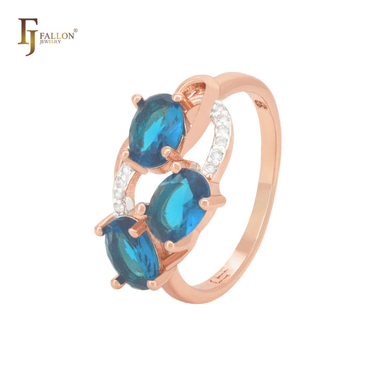 Anillos de moda en oro rosa de dos tonos con triple circonita azul océano