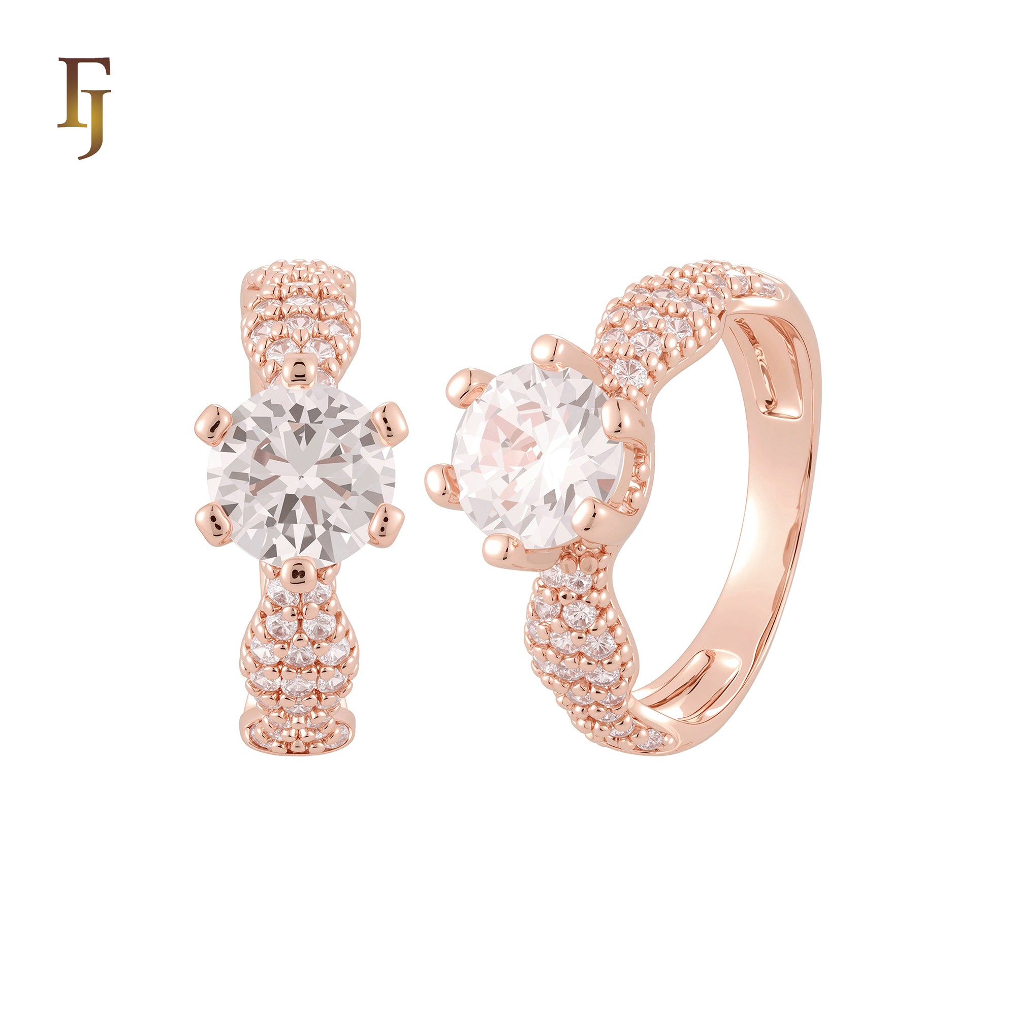 Wavy luxurious White CZs 14K Gold, Rose Gold Wedding Set Rings Engagement and Band