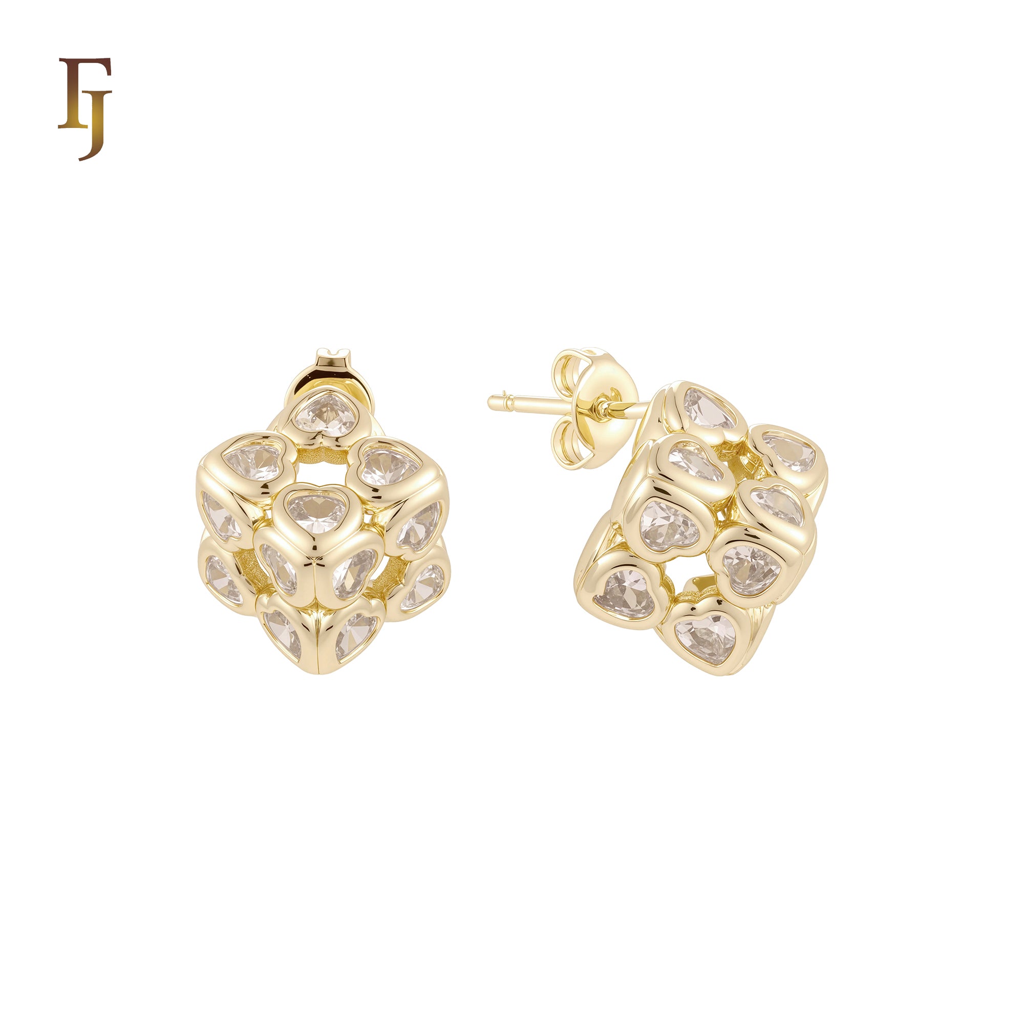 Luxurious Geometric of multi Heart shaped white CZs flower cube 14K Gold, Rose Gold Stud Earrings