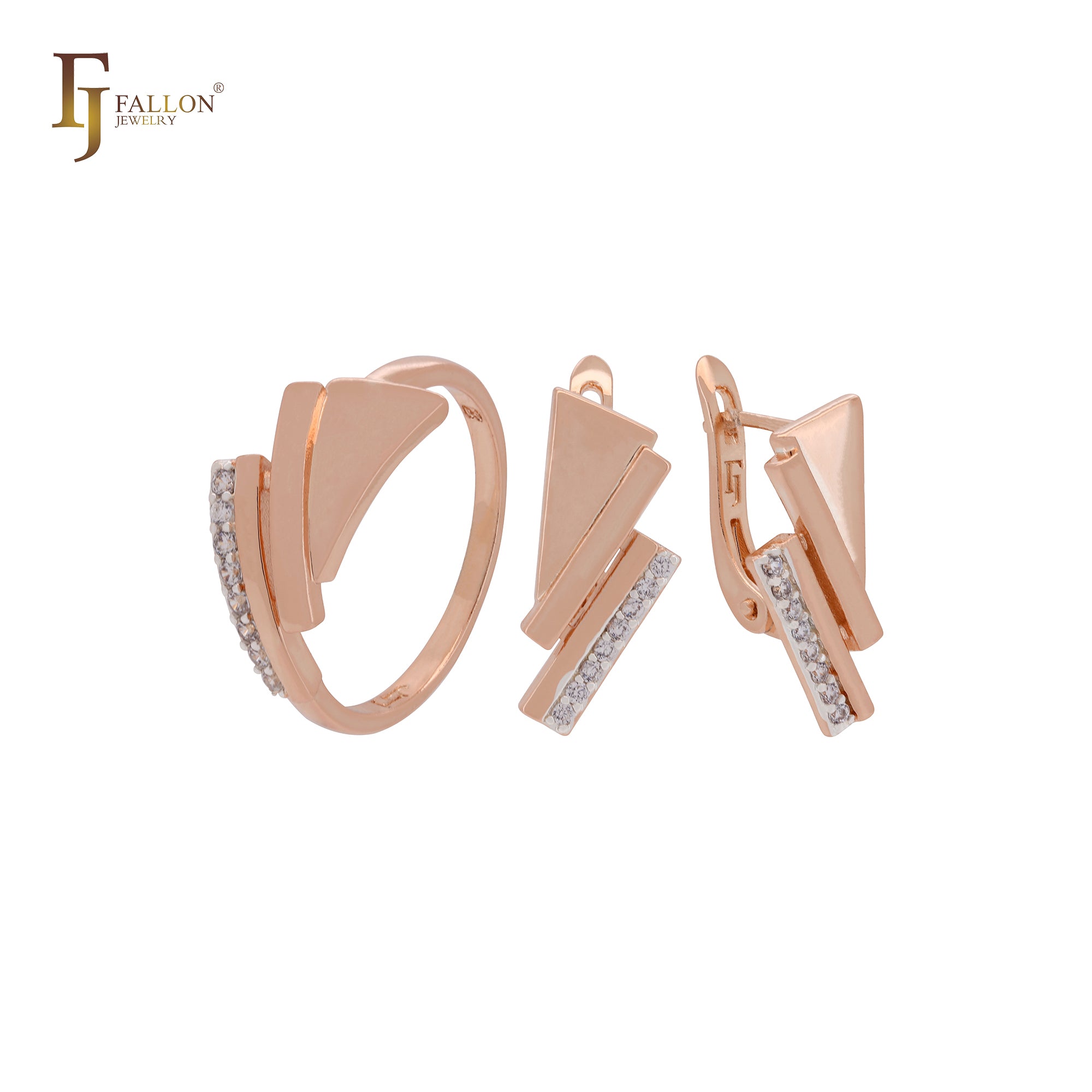 Conjunto de joyas triangulares de circonitas blancas paralelas mixtas geométricas en oro rosa de dos tonos con anillos