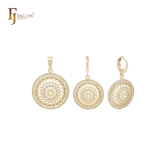 Conjunto de joyas de oro de 14 quilates con colgante y halo de filigrana solar con circonitas blancas en racimo.