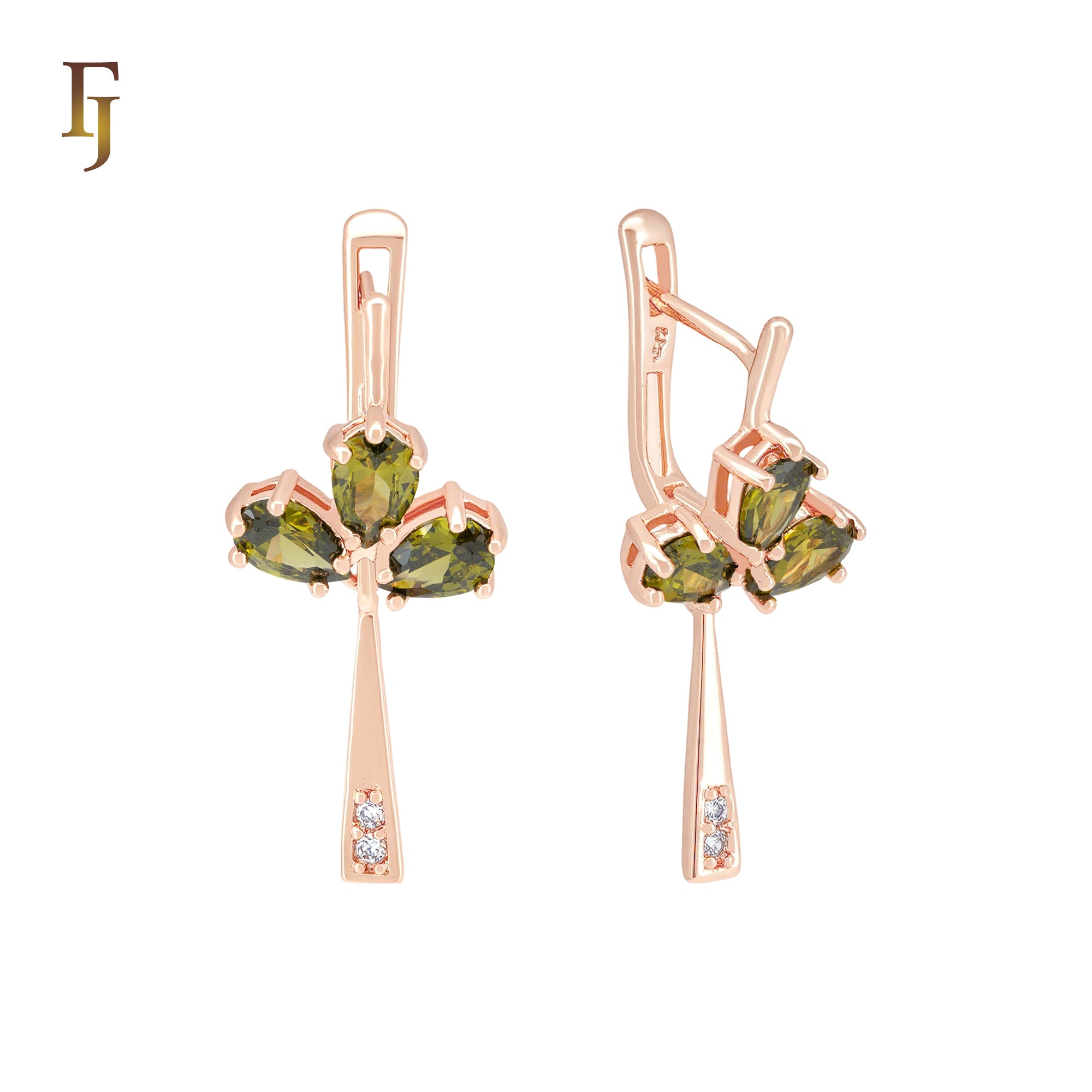 Triple teardrop shaped Olive Green CZs drop Russian Lock Earrings