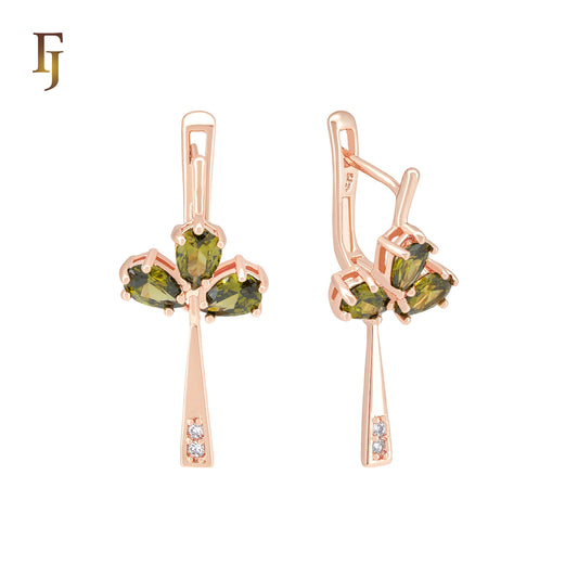 Triple teardrop shaped Olive Green CZs drop Russian Lock Earrings