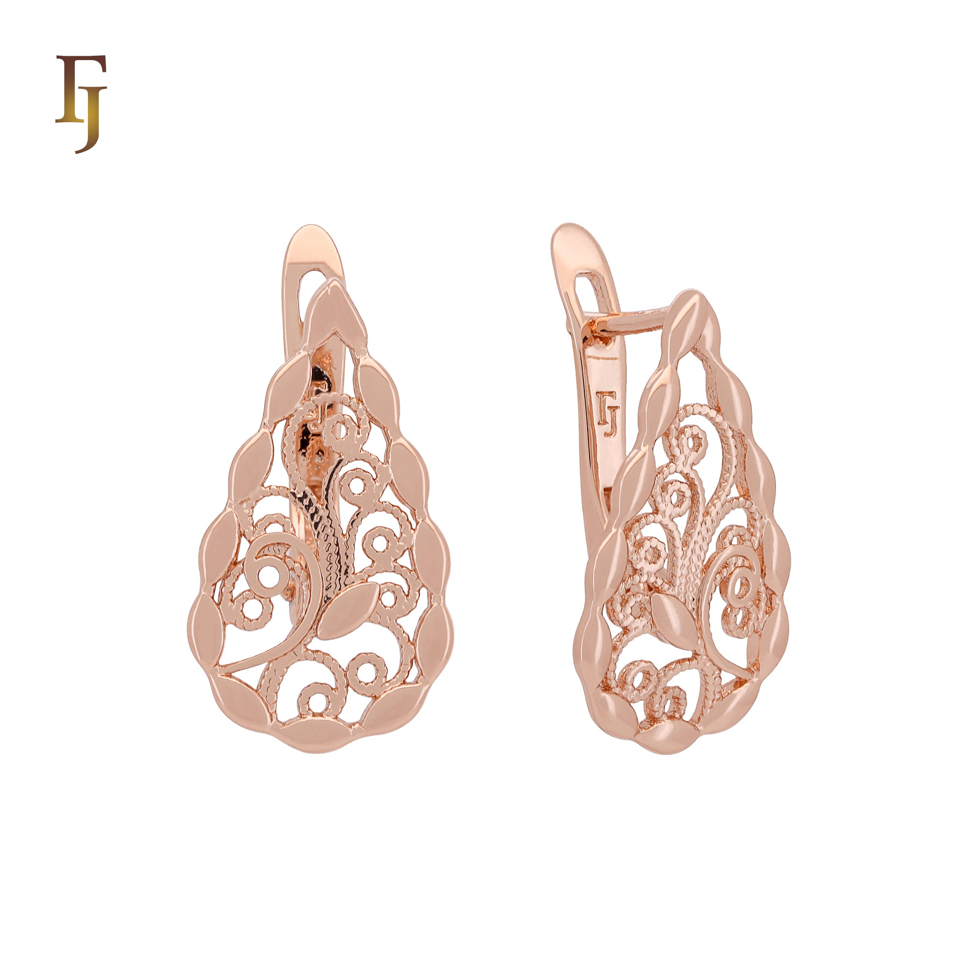 Textured Leave Rose Gold Russian Lock Earrings