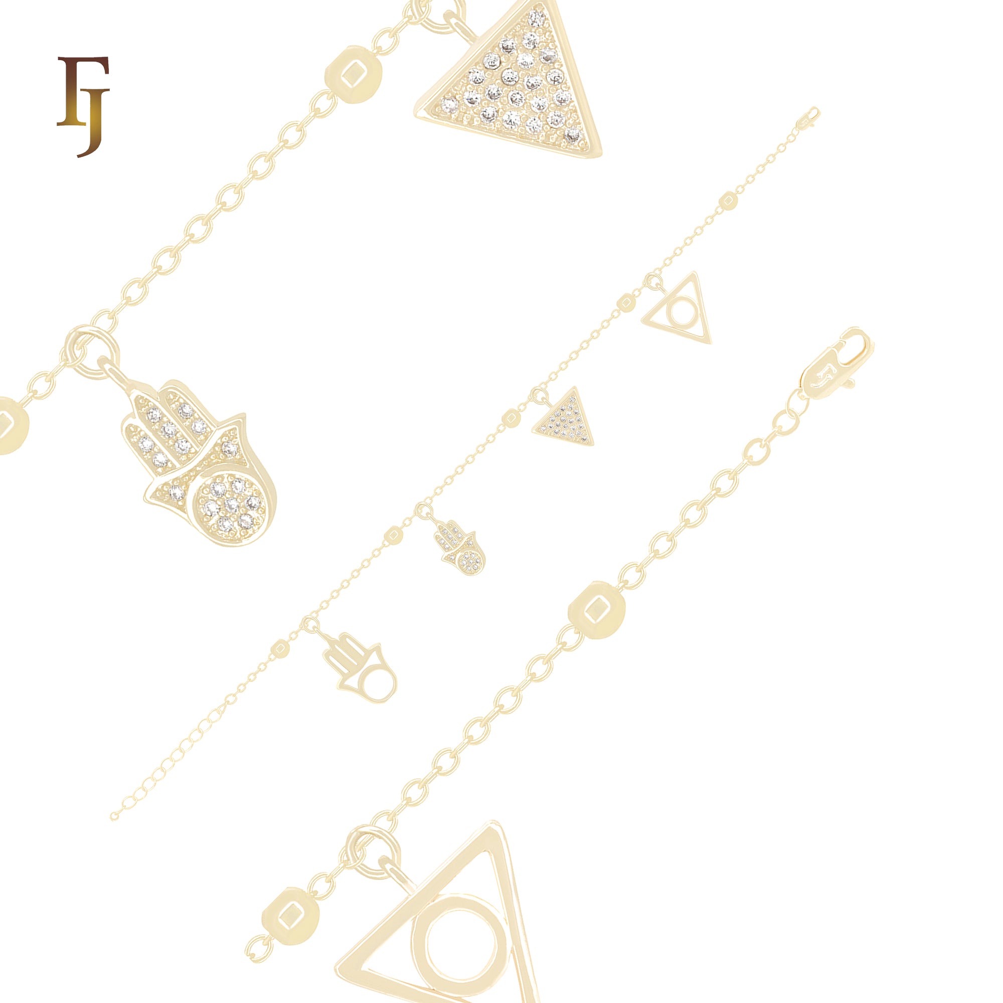 Geometric Charm Bracelet with Triangle and Hamsa CZ Pendants | 14K Gold Plated Girls Jewelry – FJ Jewelry