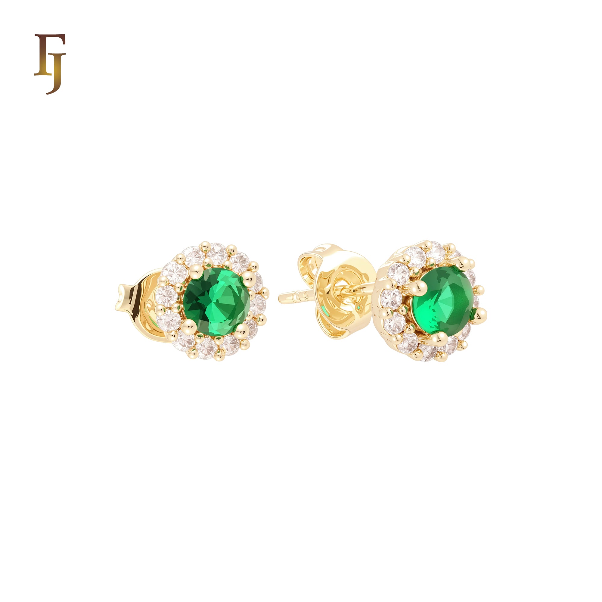 Halo white CZs of solitaire Emerald stone 14K Gold Stud Earrings