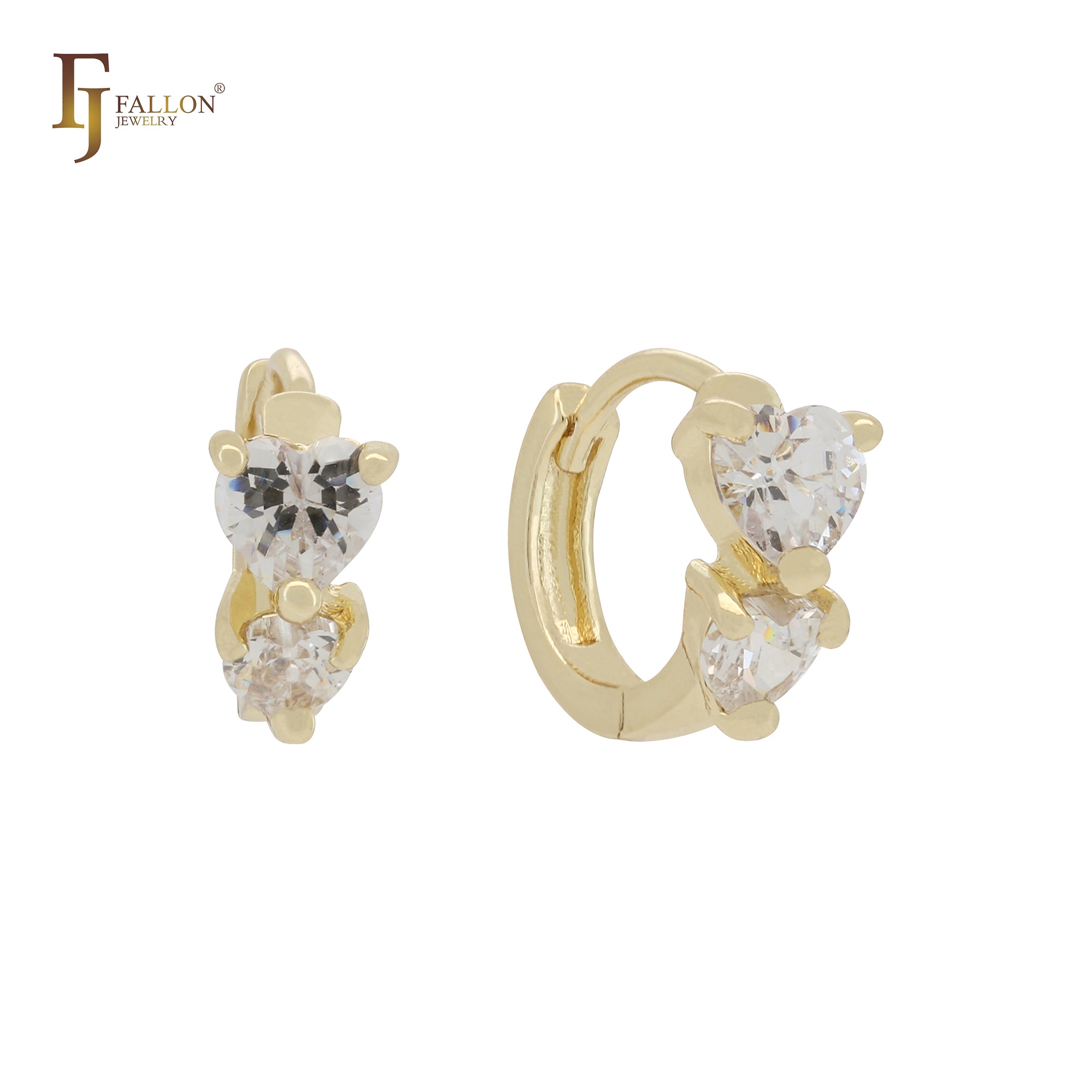 Pendientes Huggie de oro rosa y oro de 14 quilates con doble circonita blanca y corazón.