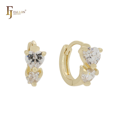 Pendientes Huggie de oro rosa y oro de 14 quilates con doble circonita blanca y corazón.