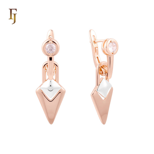 Round and Rhombus solitaire White CZ Rose Gold two tone Russian Lock Earrings