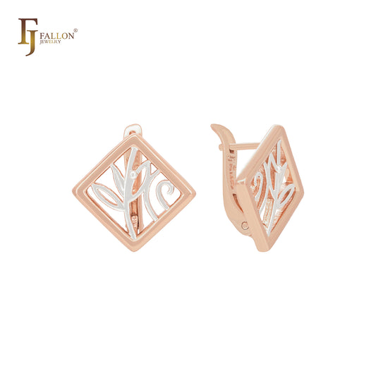 Pendientes de clip bicolor con ventana de rombos y ramas en oro rosa de 14 quilates