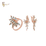 Lujoso conjunto de joyas de oro rosa con circonitas cúbicas en azul lago profundo y anillos