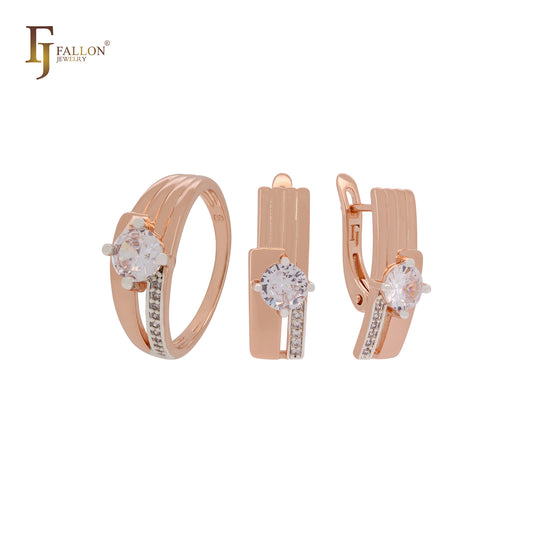 Conjunto de joyas de oro rosa de dos tonos con anillos y solitario de circonita cúbica blanca redondeada con lados de circonitas blancas