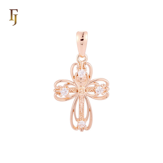 INRI Rounded white CZs Rose Gold Crucifix Cross Pendant Orthodox Religious