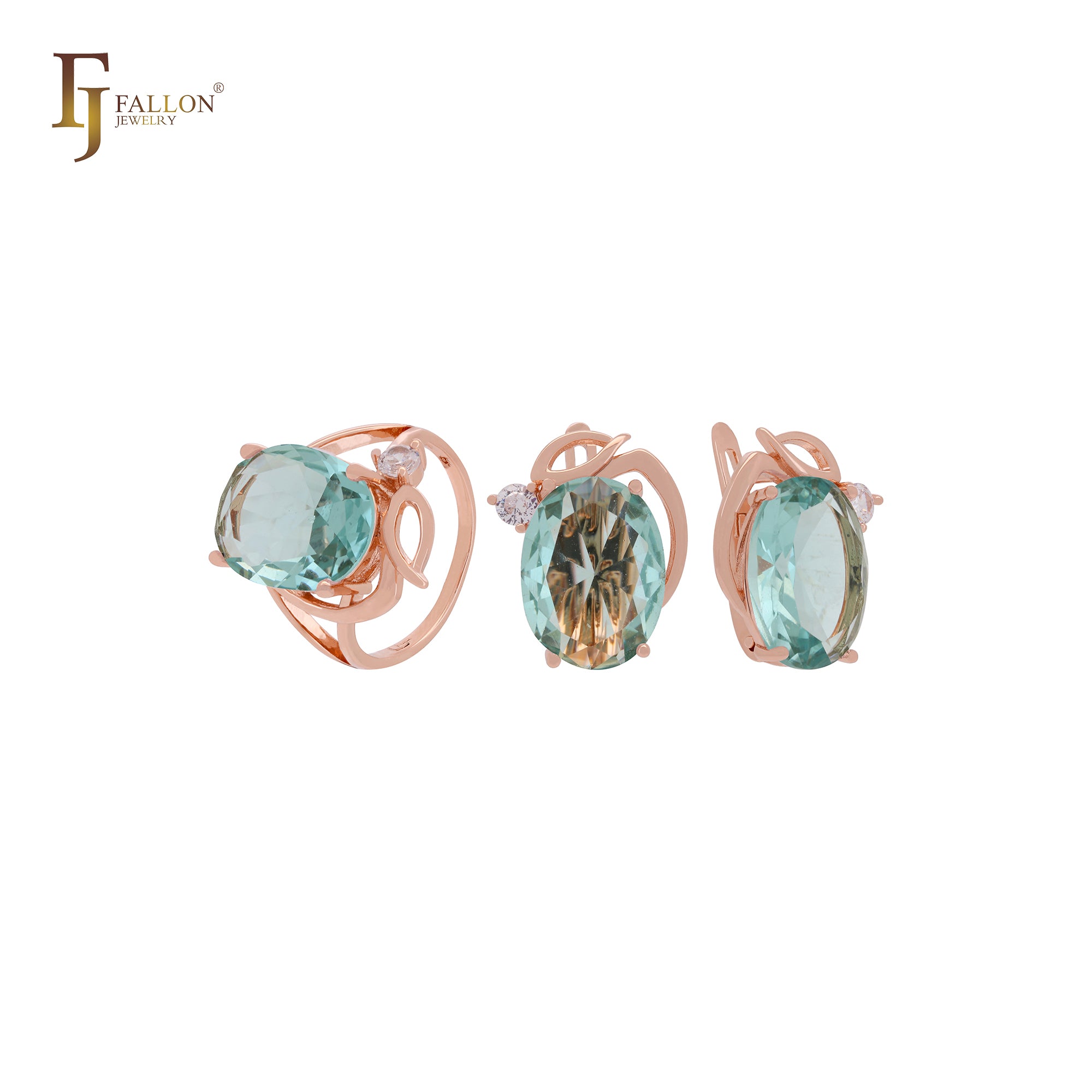 Lujoso conjunto de joyas de oro rosa con anillos, solitario grande ovalado gigante con circonitas blancas, naranjas o azul lago.