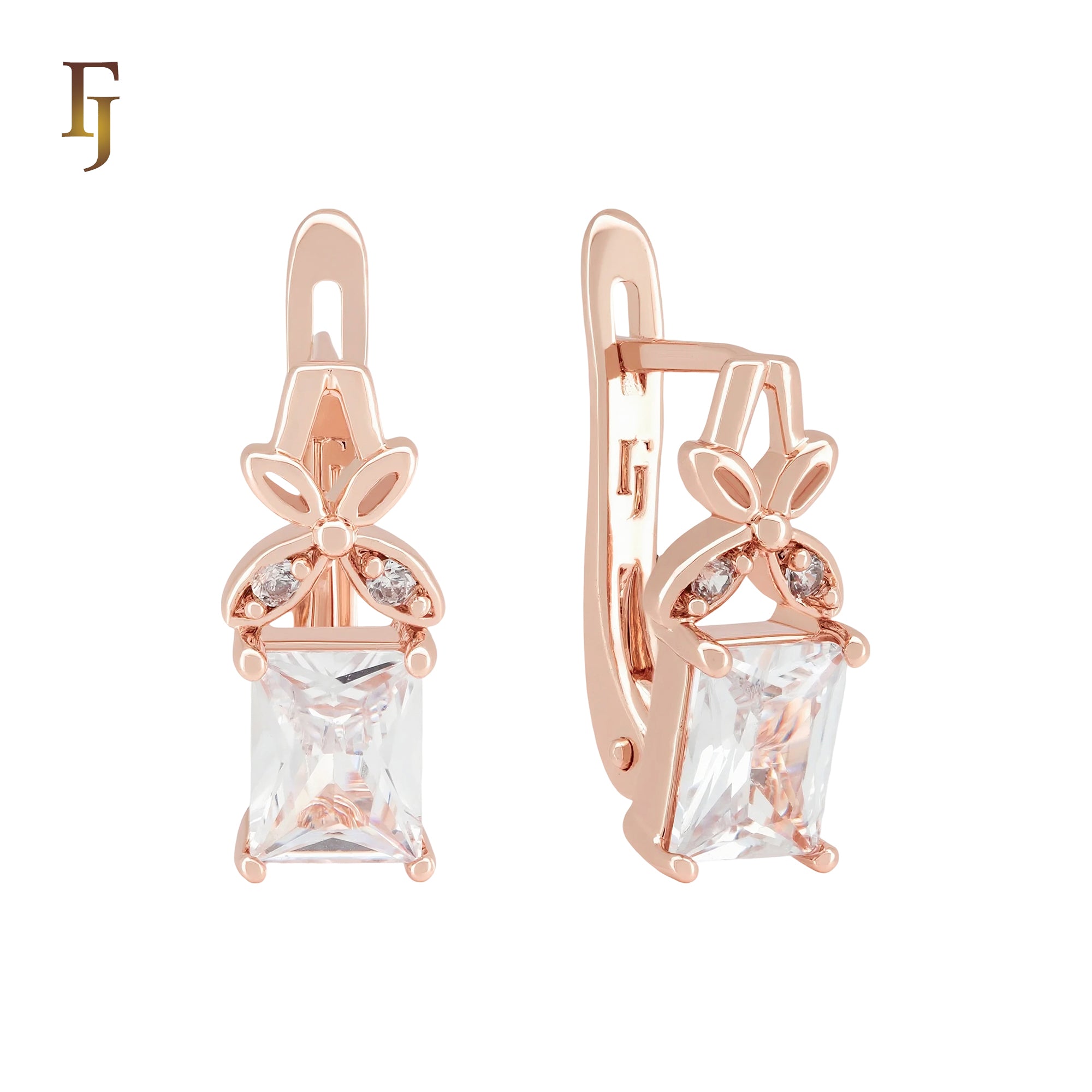 Flower Butterfly white CZ solitaire Rose Gold Russian Lock Earrings