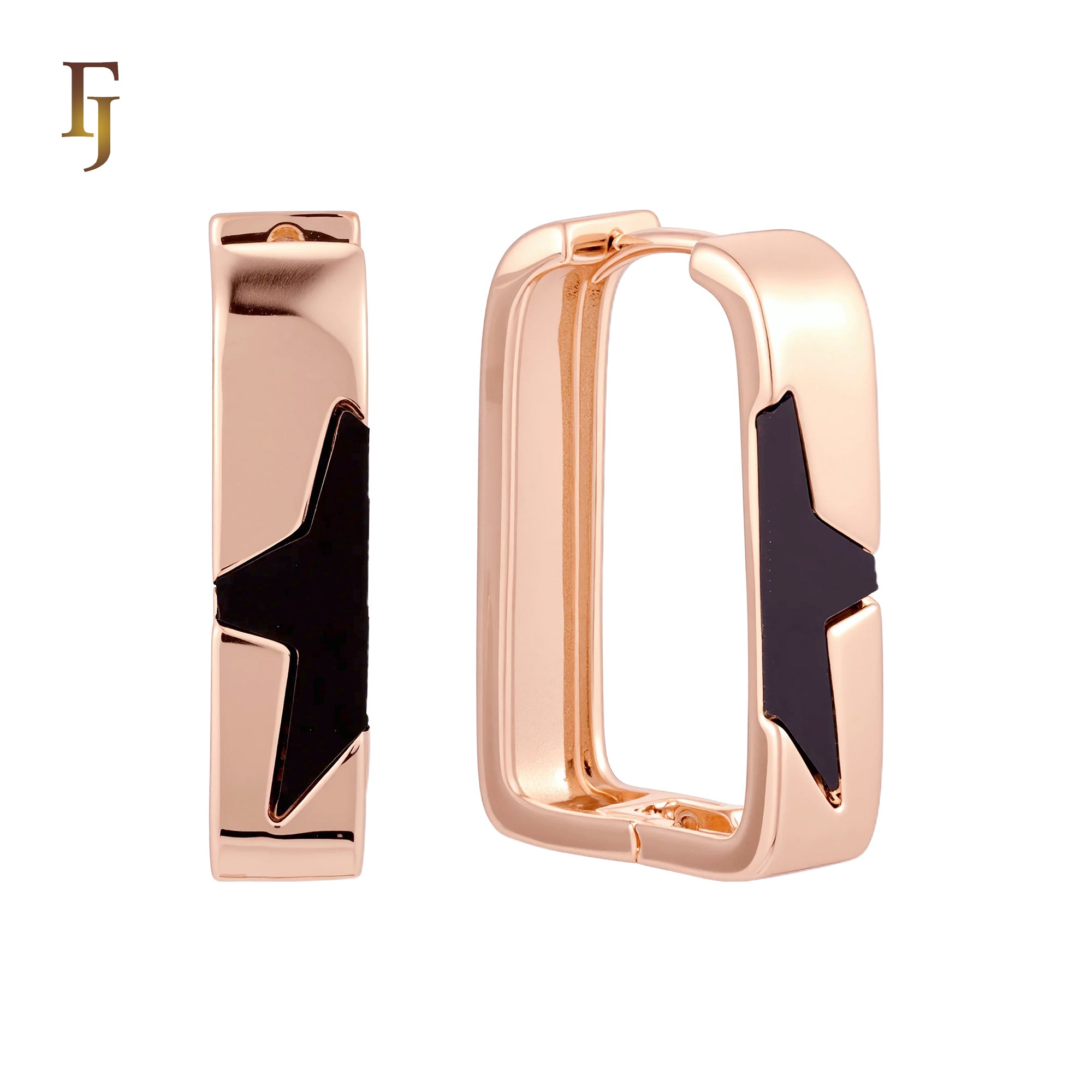 Half star blakc onyx Rose Gold Rectangular Hoop Earrings