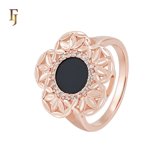 Great leaves of Flower halo white CZs surrounding Rounded Black Onyx Rose Gold Fashion Rings