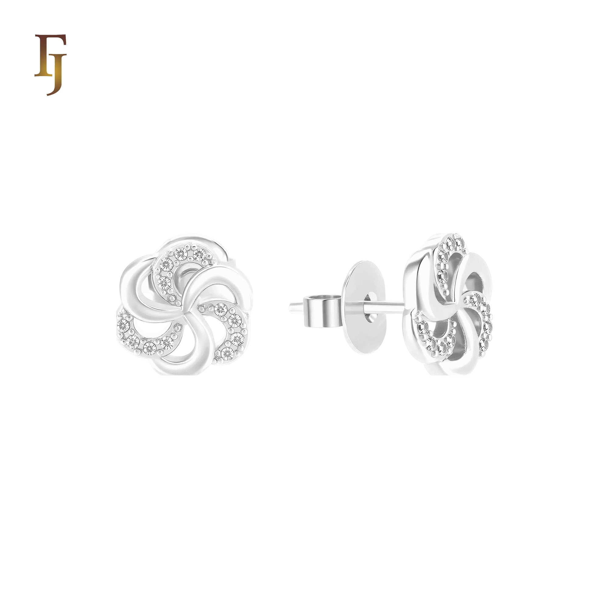 Spinning white CZs flower fan Silver plated Stud Earrings