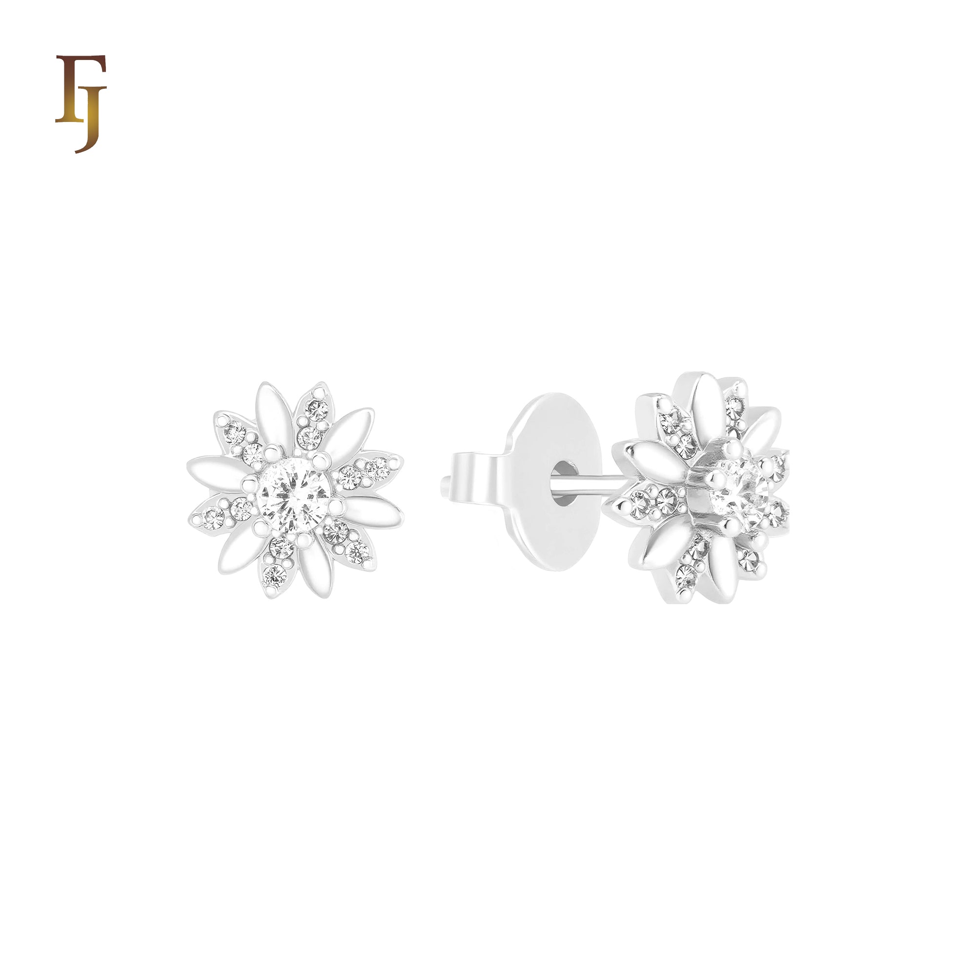Sparkling white CZs flower Silver Plated Stud Earrings