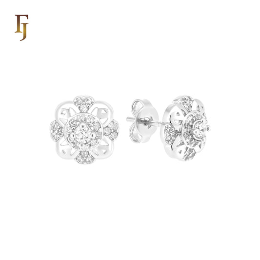 Small 9.3mm flower alternative white CZs Silver plated Stud Earrings