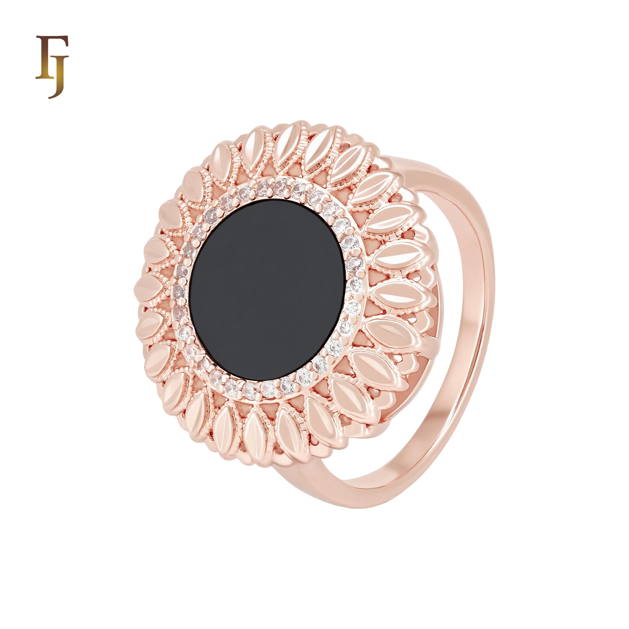 Great sunflower halo white CZs surrounding Rounded Black Onyx Rose Gold Fashion Rings