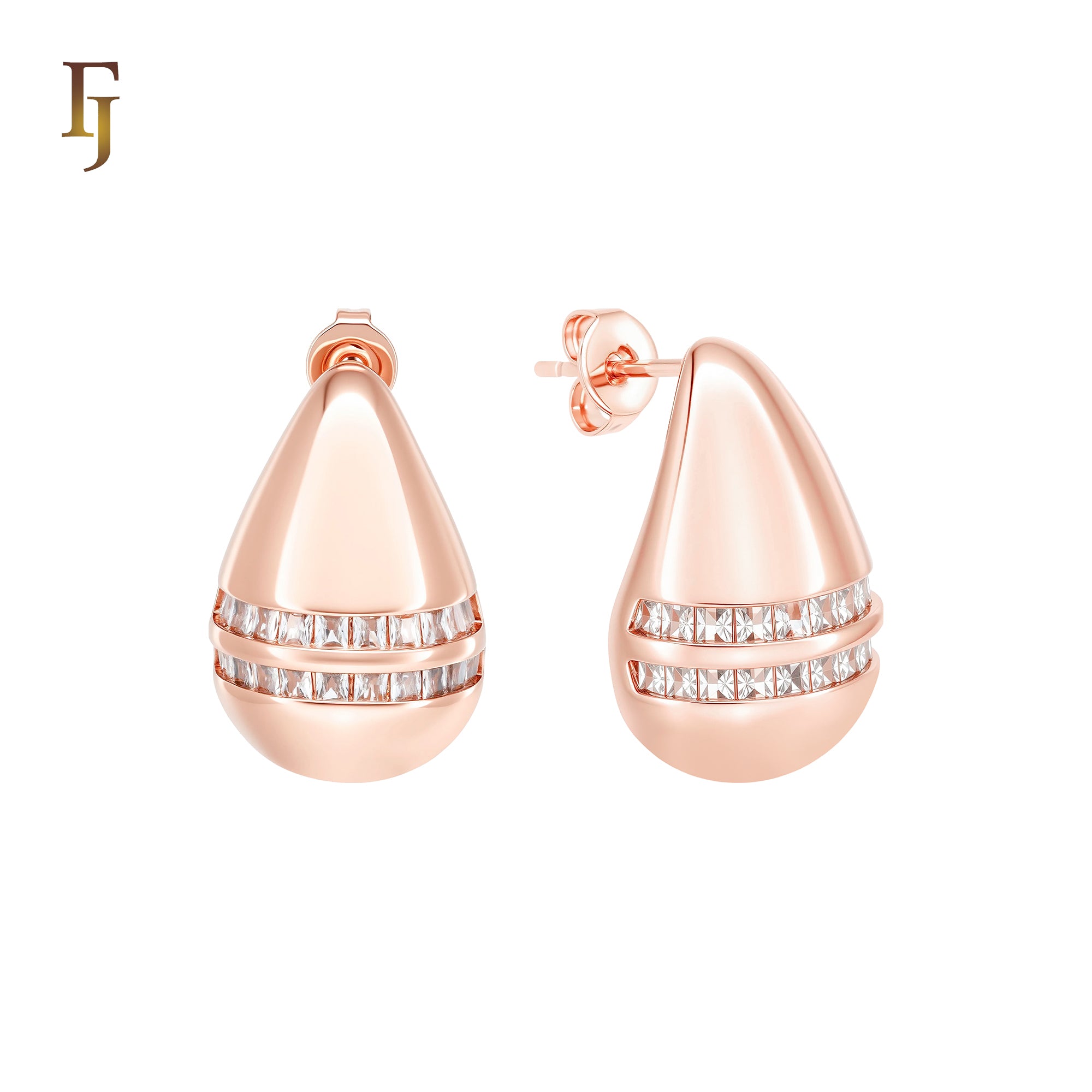 Drop Double paved white CZs 14K Gold, Rose Gold Stud Earrings