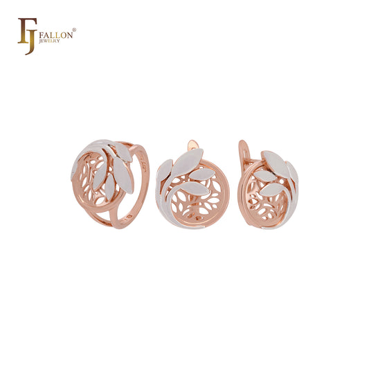 Árbol de la vida con ramas y hojas, conjunto de joyas en oro rosa de dos tonos con anillos.