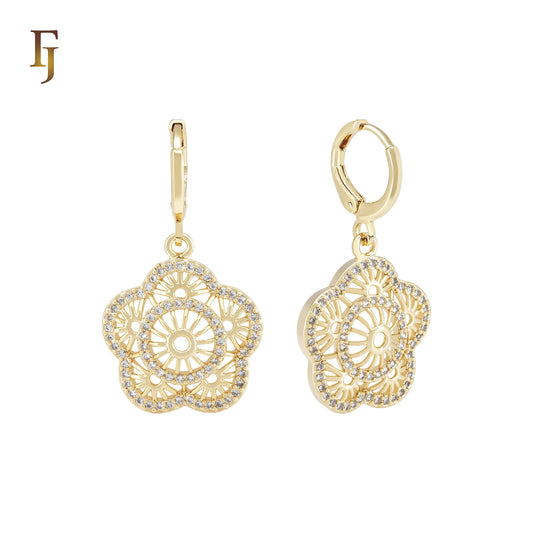 Drop Radiant five Snowflake white CZs 14K Gold Huggie Earrings