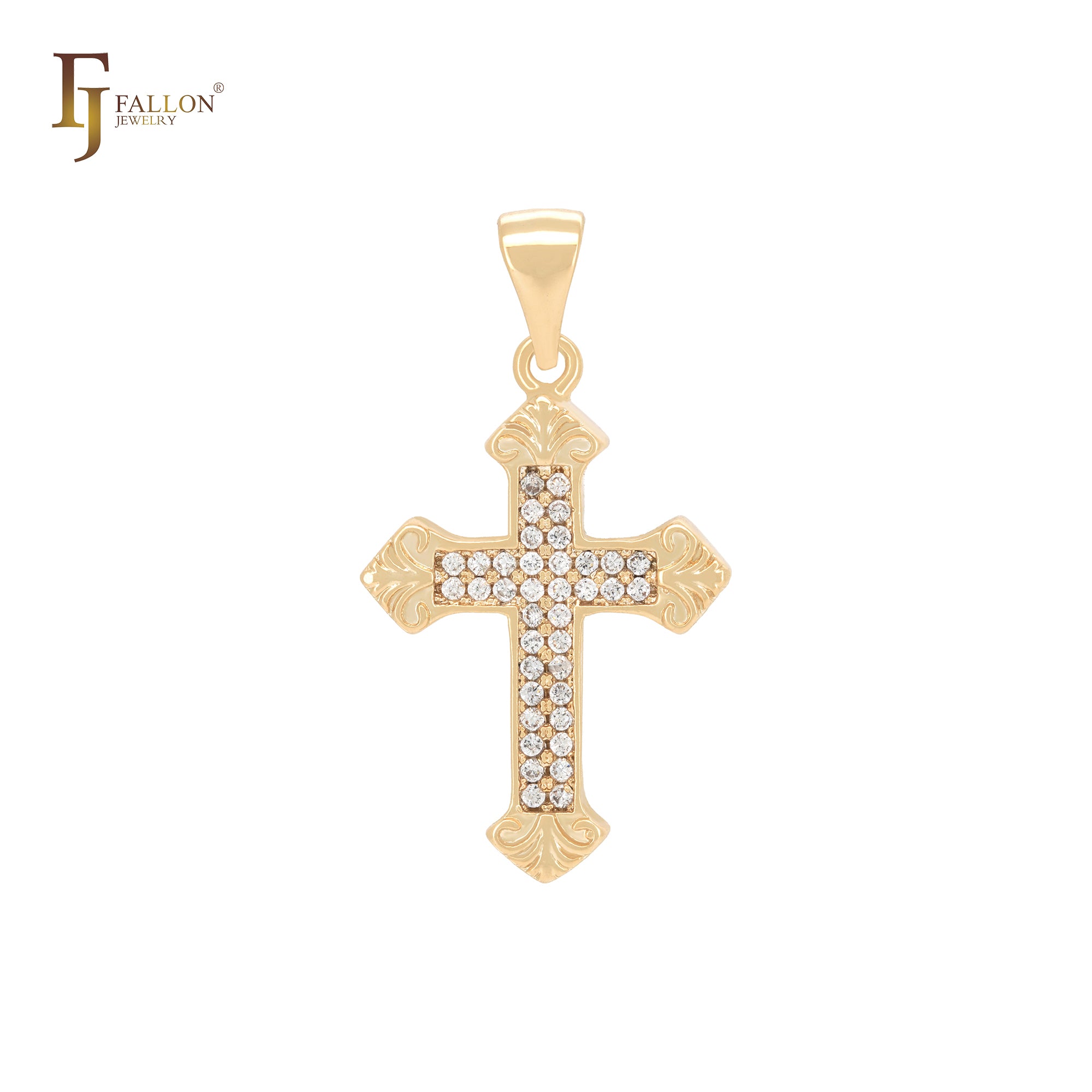 Latin Style Cluster white CZs paved 14K Gold Cross Pendant Christian Religious