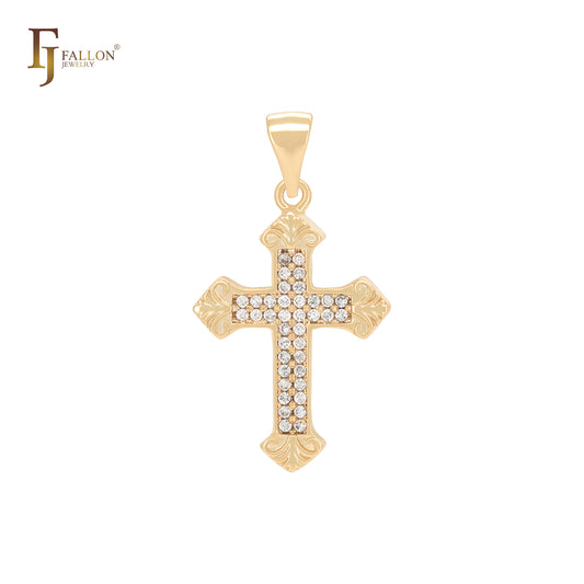 Latin Style Cluster white CZs paved 14K Gold Cross Pendant Christian Religious
