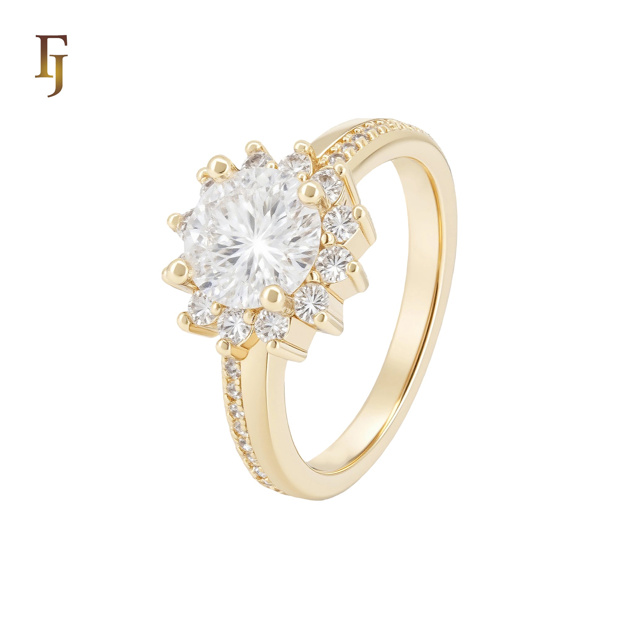 Halo flower Solitaire white CZs 14K Gold Fashion Rings
