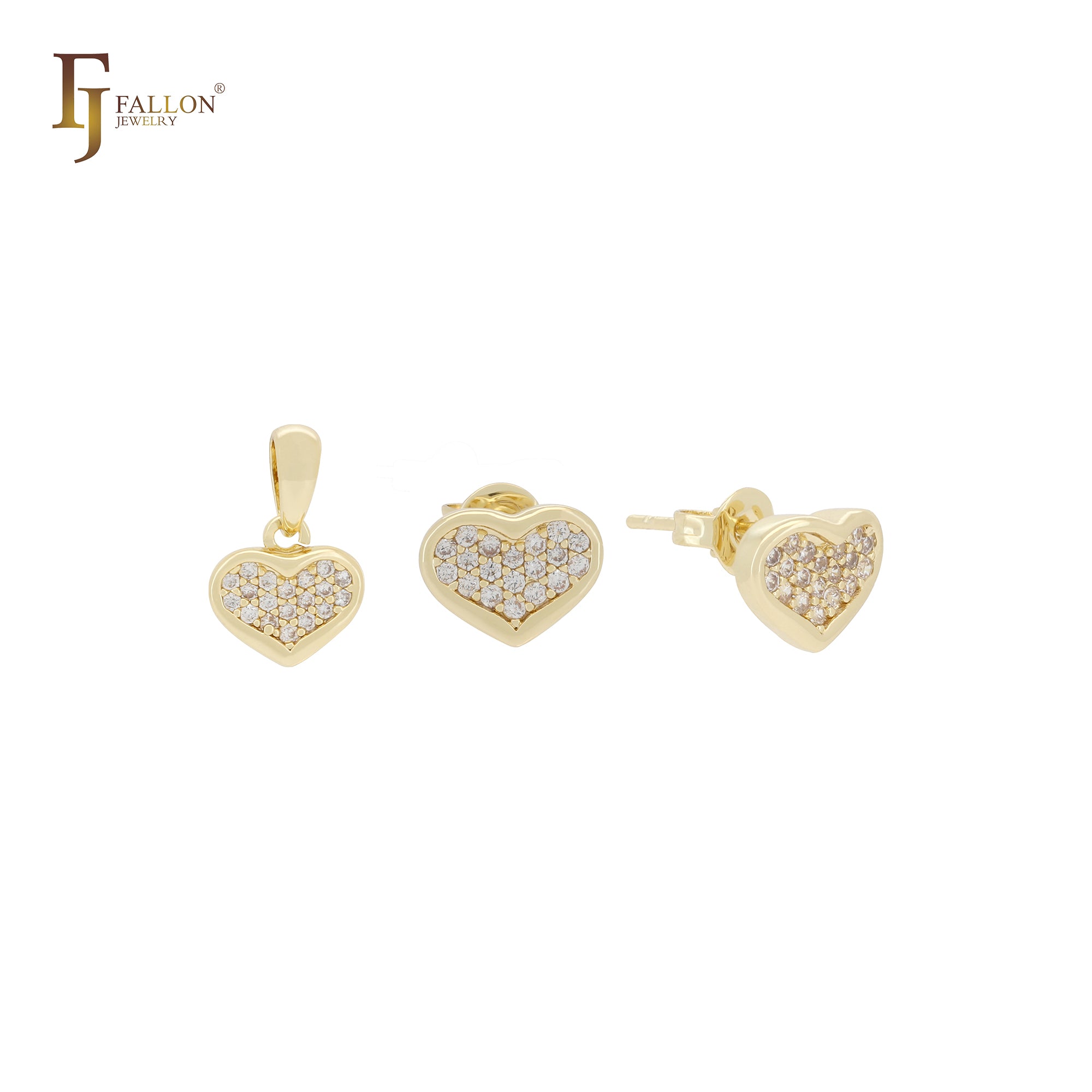 Pequeño conjunto de joyas en oro de 14 quilates con circonitas blancas en forma de corazón, colgante y pendientes tipo botón.