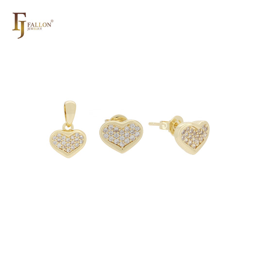 Pequeño conjunto de joyas en oro de 14 quilates con circonitas blancas en forma de corazón, colgante y pendientes tipo botón.