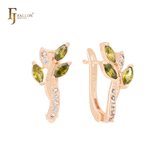 Pendientes de clip de oro rosa con circonitas cúbicas de colores que brotan de la flor