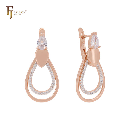 Pendientes de clip de oro rosa en dos tonos con doble lágrima en forma de alambre y circonitas blancas en racimo.