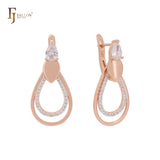 Pendientes de clip de oro rosa en dos tonos con doble lágrima en forma de alambre y circonitas blancas en racimo.