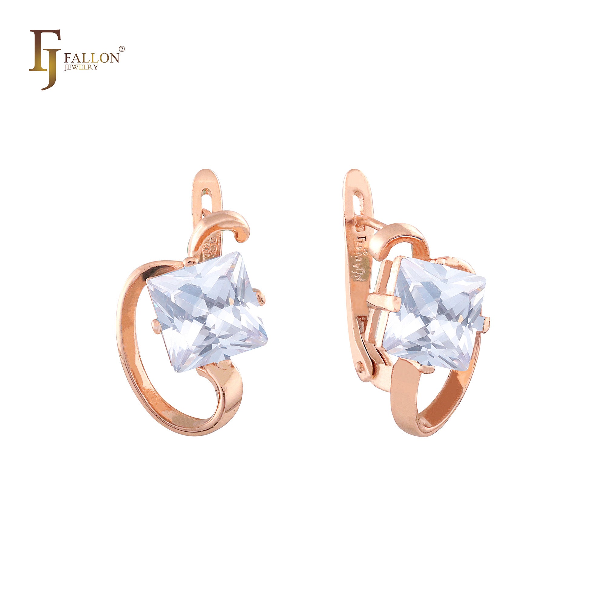 Pendientes de oro rosa con circonitas cuadradas y solitario de manzana