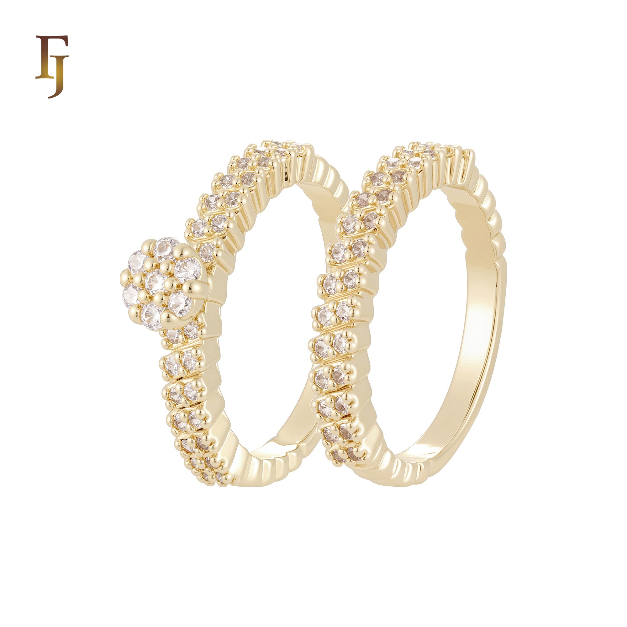 Double Band of Cluster white CZs flower 14K Gold, Rose Gold Wedding Set Rings