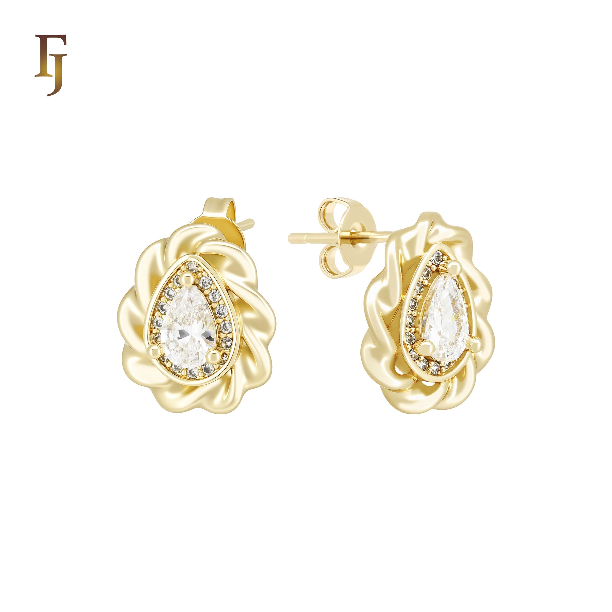 Pear shaped ribbon white CZs 14K Gold, Rose Gold Stud Earrings